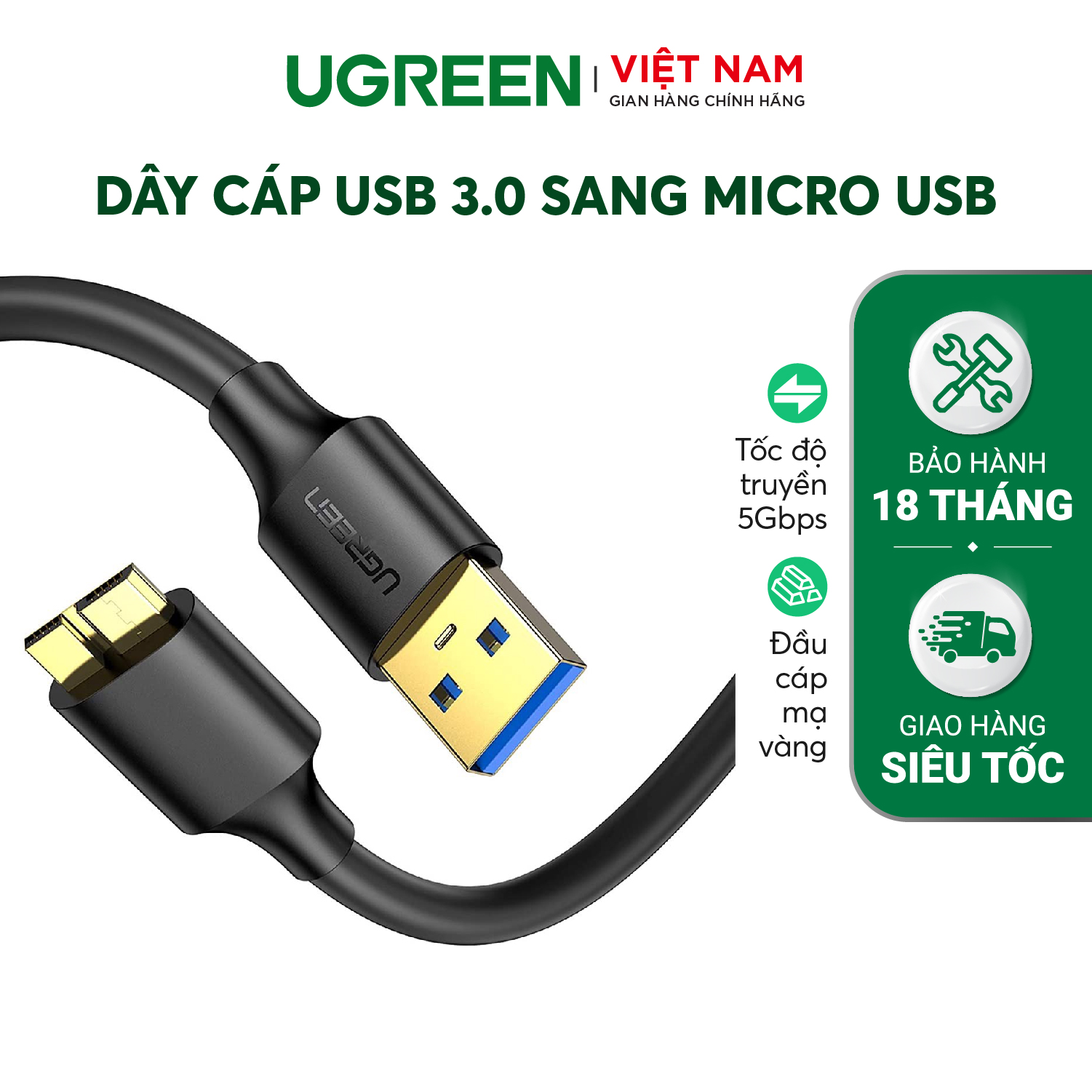 Dây cáp Micro USB 3.0 mạ vàng dài 0.25M UGREEN US114 10365 (đen)