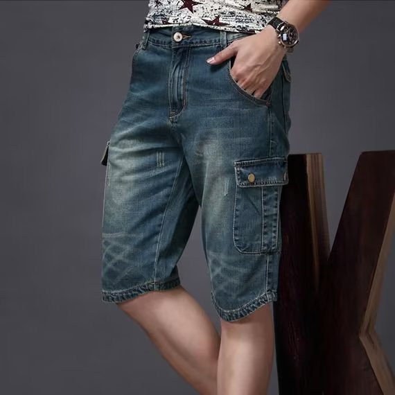 Men's European and American loose thin straight casual denim shorts retro casual denim shorts