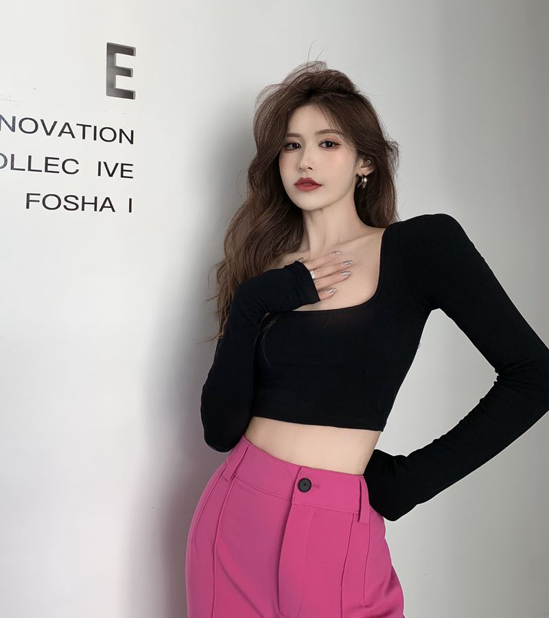 Hot Girl Square Neck Long Sleeve T-Shirt Women's Fall 2023 New White Lace-up Cropped Open Back Slim Base Layer Top.