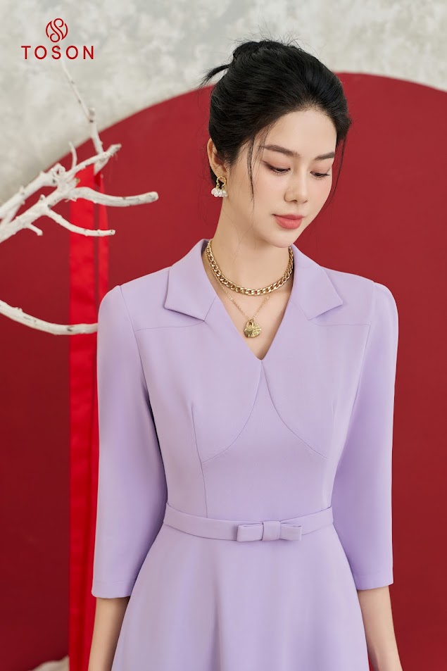 Đầm tím xòe, eo đính nơ 49970T13 Toson