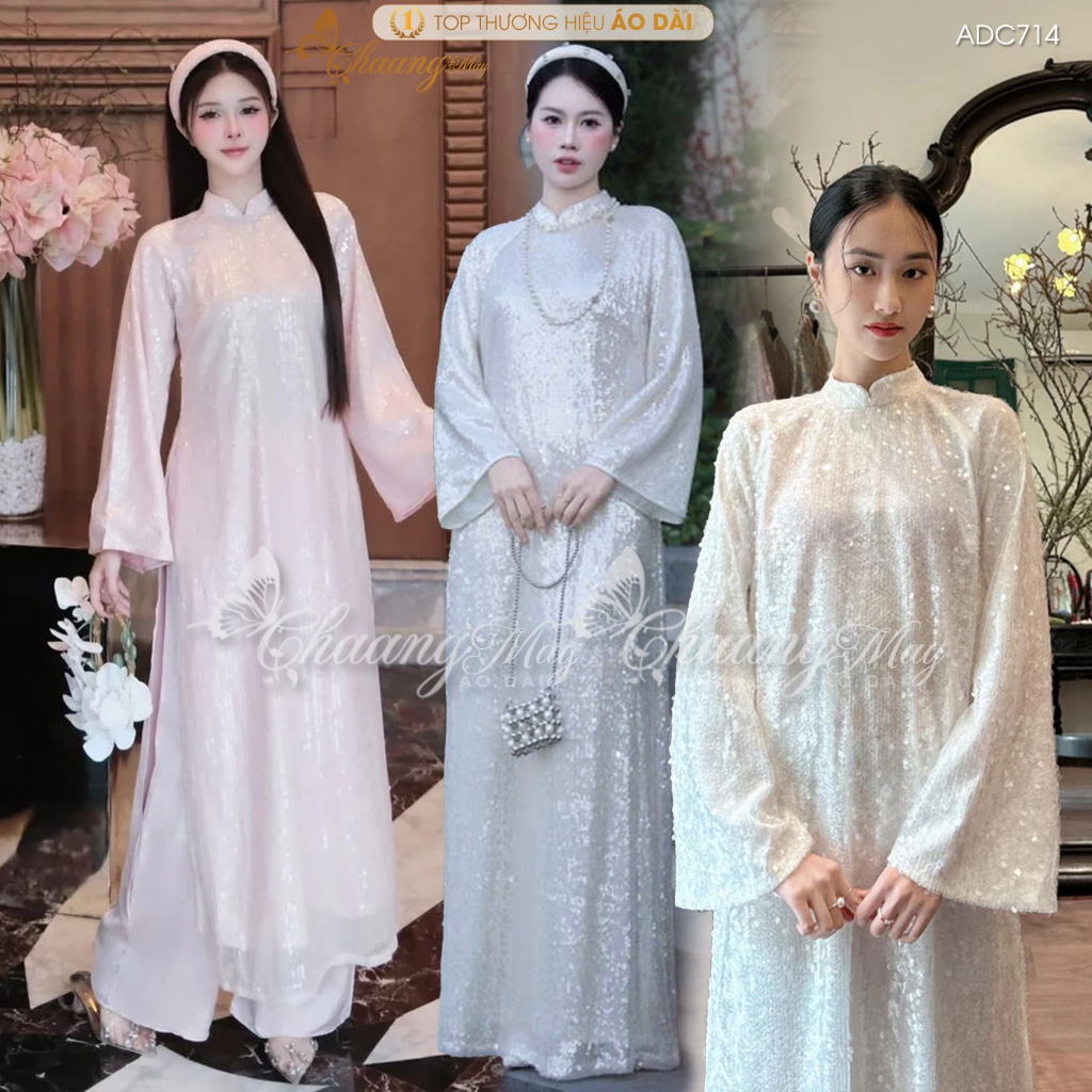 Áo dài cách tân nữ 4 tà kim sa nhũ dọc lấp lánh ADC714 may sẵn dáng suông dự tiệc cưới lễ tết đẹp
