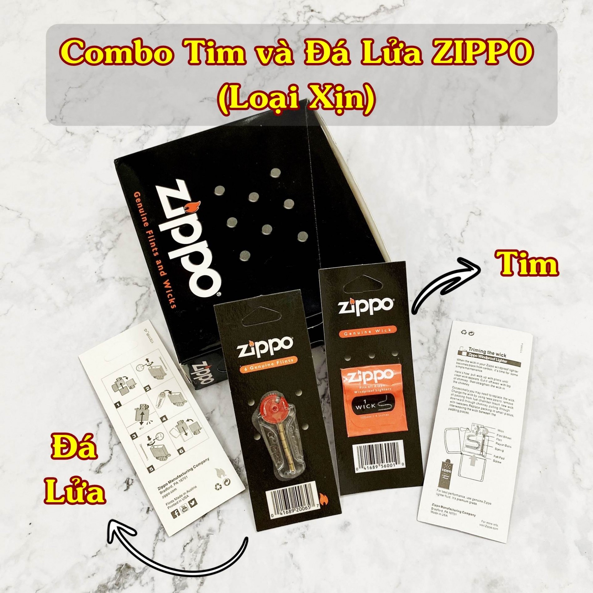 Combo tim và đá bấc zippo chính hãng