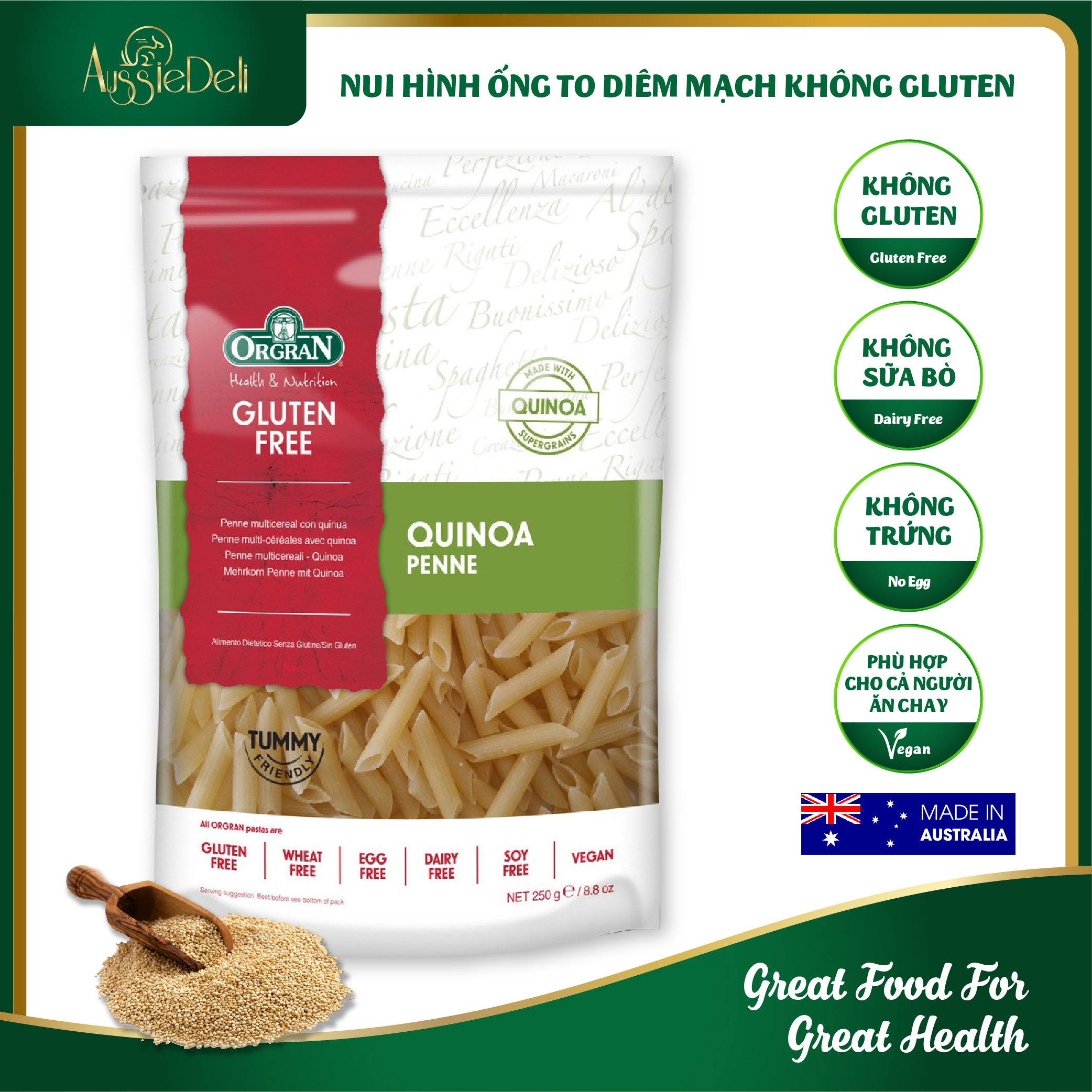 Nui hình ống to diêm mạch Orgran - Gluten Free Quinoa Penne Pasta