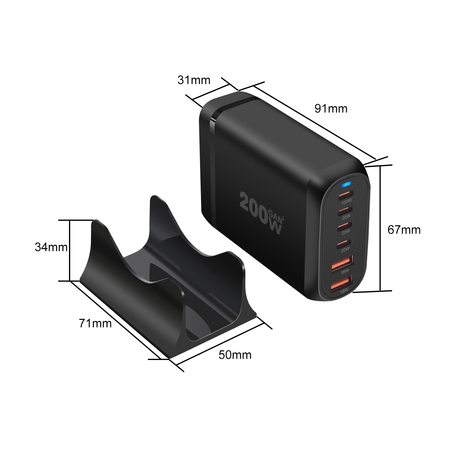 New 200W GaN Desktop charger 6-port USB Type C PD Charger Fast Charge 3.0 Fast Charger Mobile USB charger. 