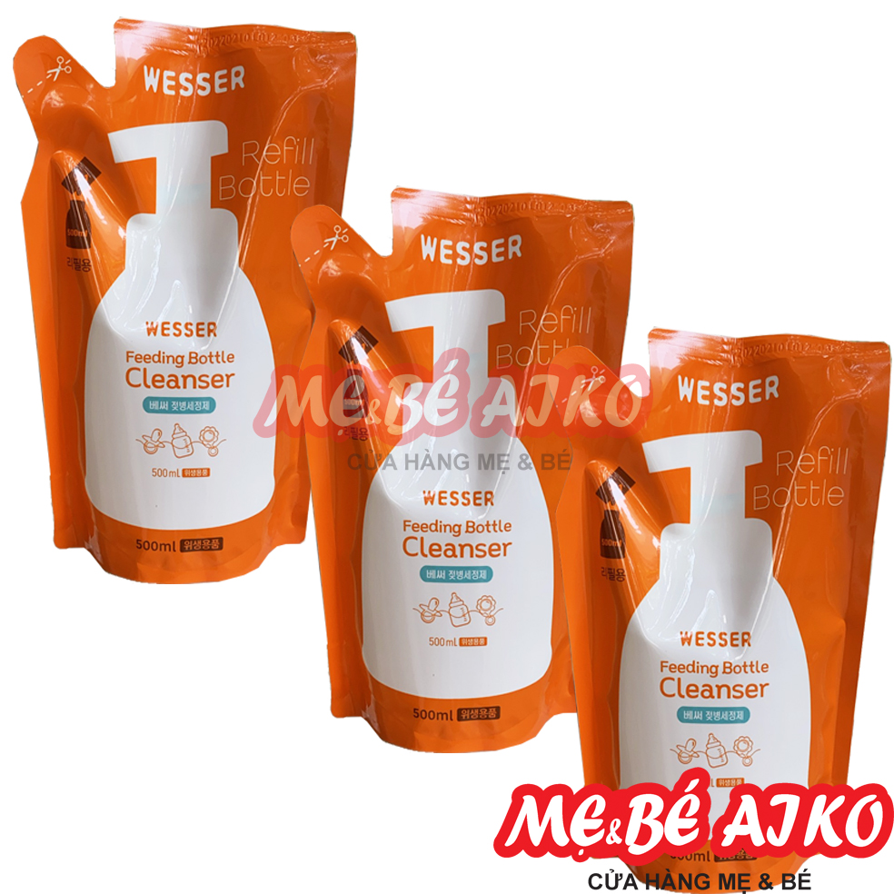 [Mẫu Mới] Bộ 3 Gói Nước Rửa Bình Sữa Wesser (500ml x 3)