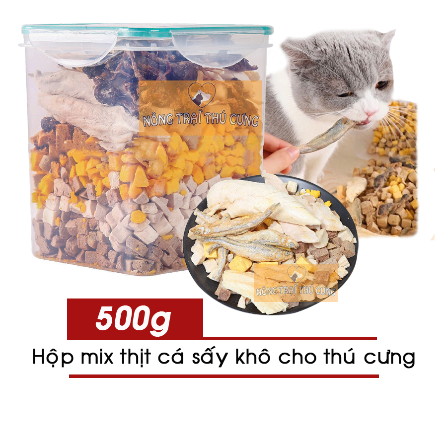 Hộp thịt cá sấy khô 500g cho chó mèo - mix 11 loại: chim cút, tôm, gà, trứng, gan, cá hồi... -