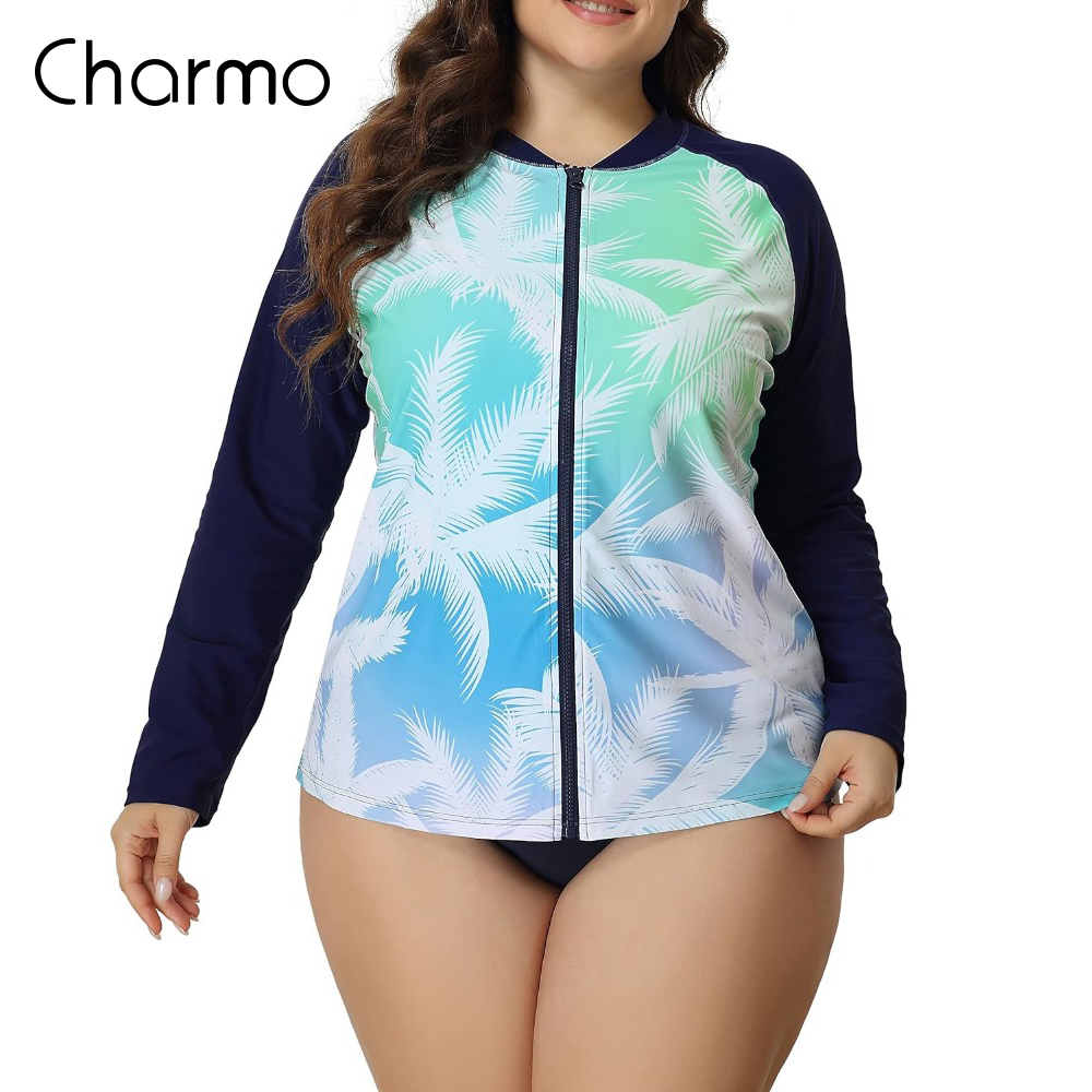 CharmLeaks Womens Plus Size Long Sleeve Rash Guard Top Zipper Swimsuit Swim  Shirt Aqua XL : : Fashion