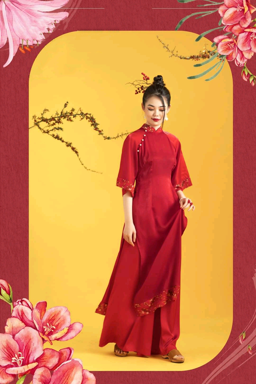 ÁO DÀI CÁCH TÂN NỮ THIẾT KẾ TAY PHỐI TƠ HOA NHÍ ĐÍNH NGỌC - ÁO DÀI TRUYỀN THỐNG MAY SẴN MÀU ĐỎ- ÁO DÀI NỮ SINH