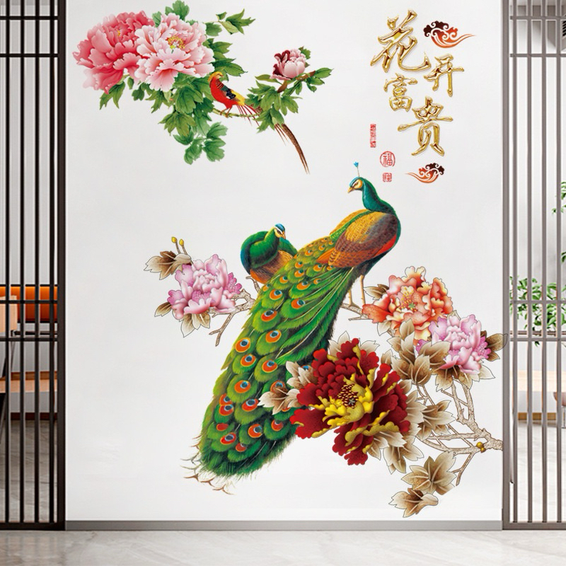 Decal dán tường chim công và hoa 01