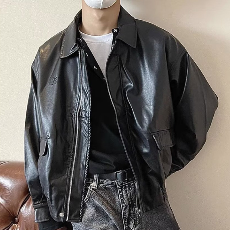 SUPEEON丨Men's jacket new trend American retro solid color top loose casual all-match motorcycle leather jacket