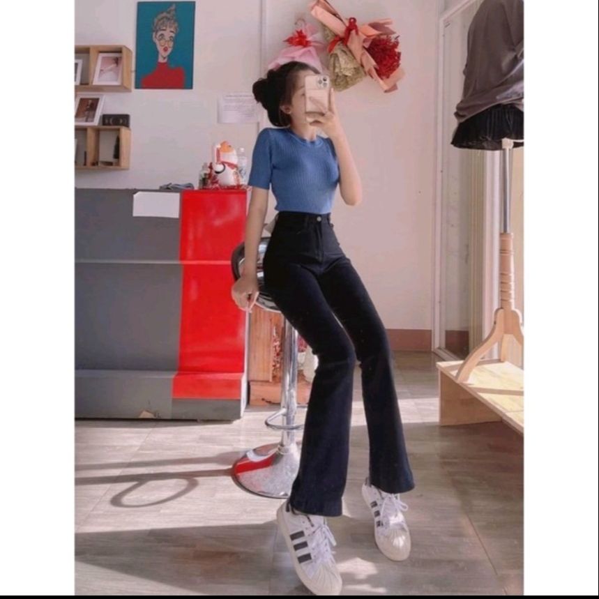 Quần jean nữ ống loe trơn basic, Chất Jean Co Giãn thoải mái vải mềm chuẩn xịn - RÒM93 BOUTIQUE
