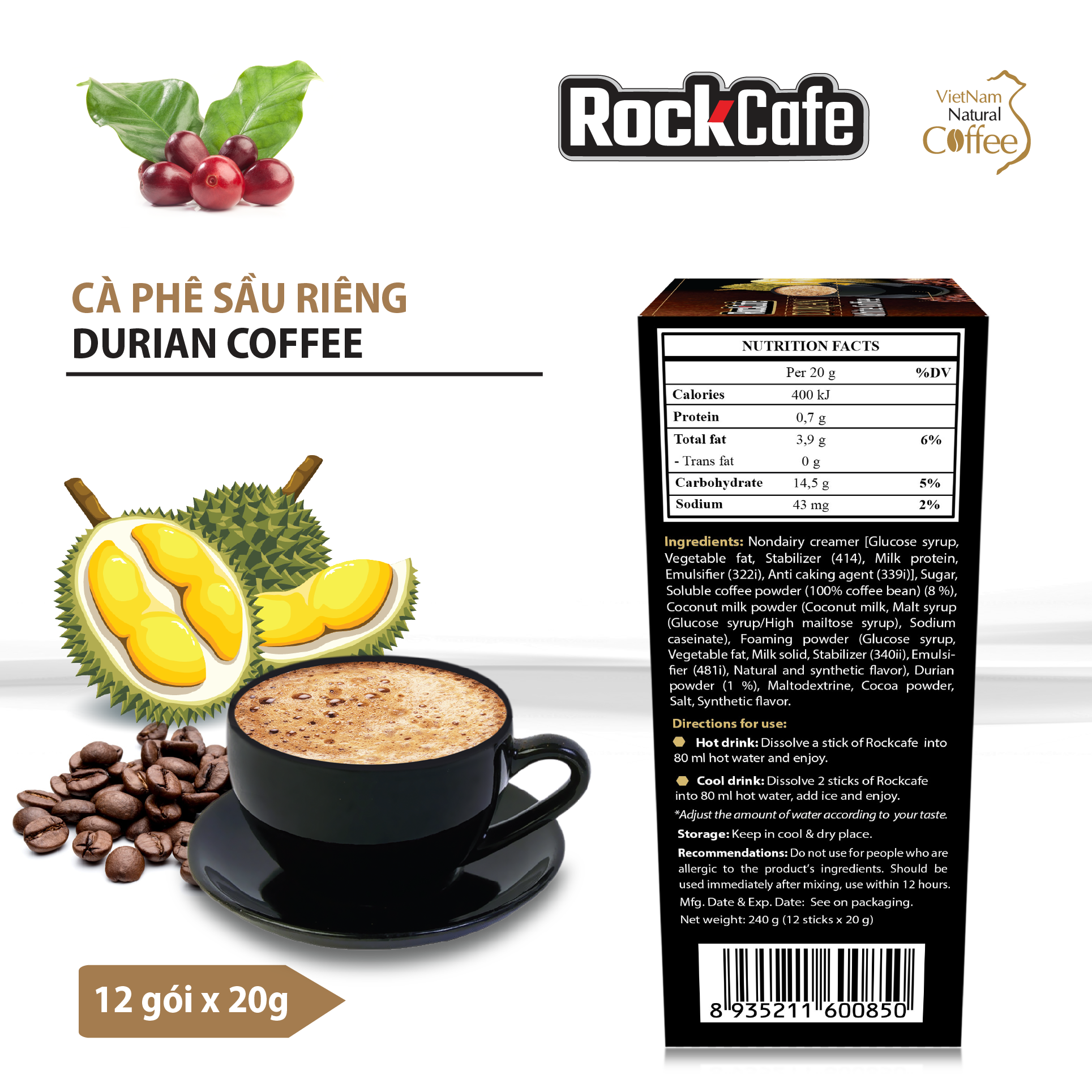 RockCafe - Cà phê hòa tan 3 trong 1 - Vị sầu riêng độc đáo - Thơm ngon - Đậm vị - Hộp 12 gói x 20gr