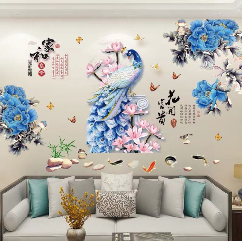 Decal dán tường tết hoa mẫu đơn xanh và chim công