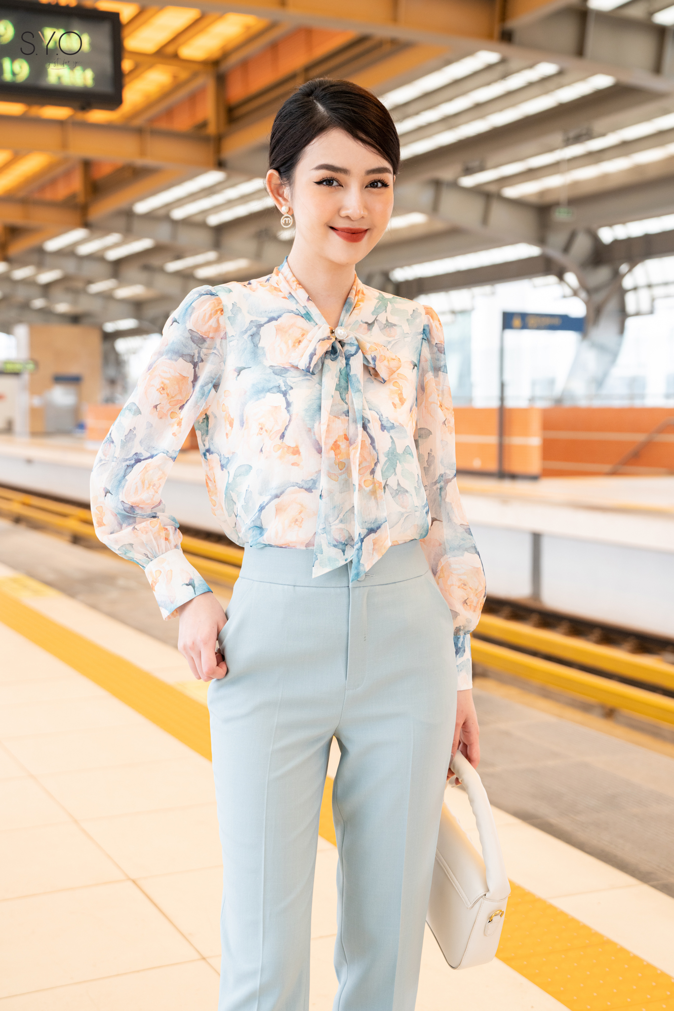 Áo sơ mi hoa cổ buộc nơ A1036-22