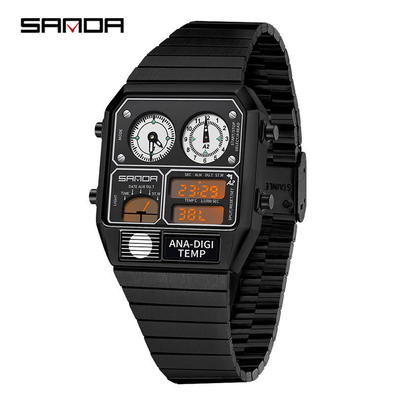 Sanda Retro Trendy Punk Dual Display Luminous Waterproof Electronic Quartz Men's Watch SD3192-3.