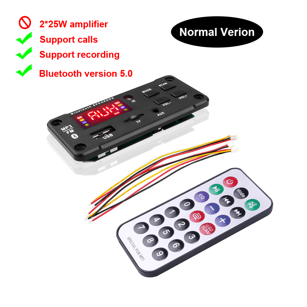 Built 50w amplifier color lcd bluetooth 5.0 audio decoder board mp3 usb tf radio aux play decoding module handsfree mic call recording remote control