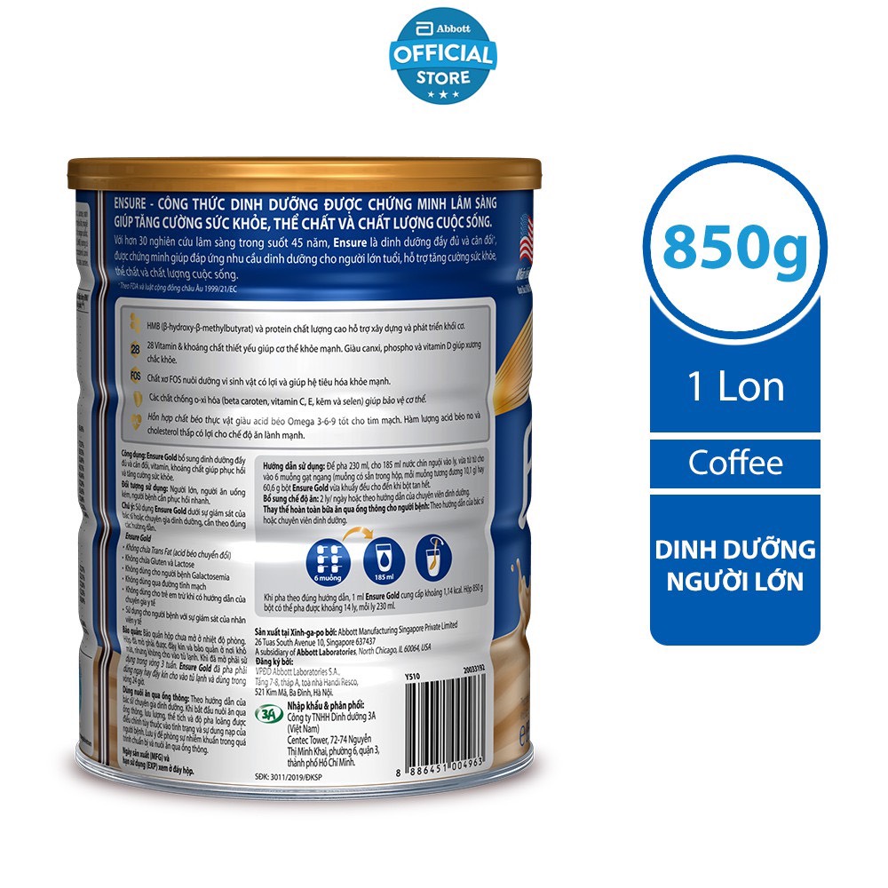 Sữa bột Ensure Gold hương cafe  850g/lon