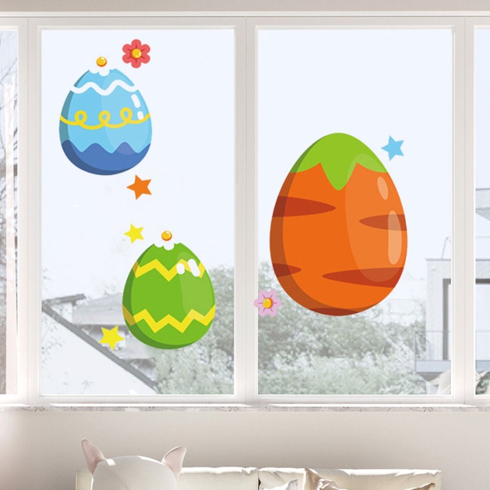 HIROCHAO Plastic Cartoon Easter Egg Window Stickers Static Decorative Easter Window Door Stickers Creative Colorful Carrot Egg Wall Sticker Home
