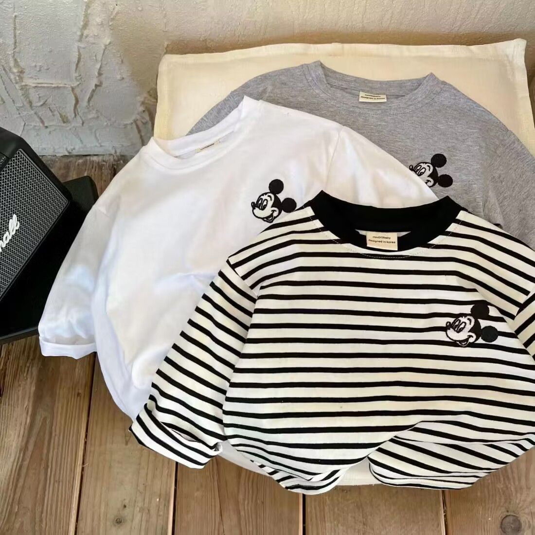 T-shirt for Boys and Girls Cute Cartoon Mouse Embroidered Striped Cotton Long Sleeve Bottom T-shirt Medium and Little Children Loose Casual T-shirt Top