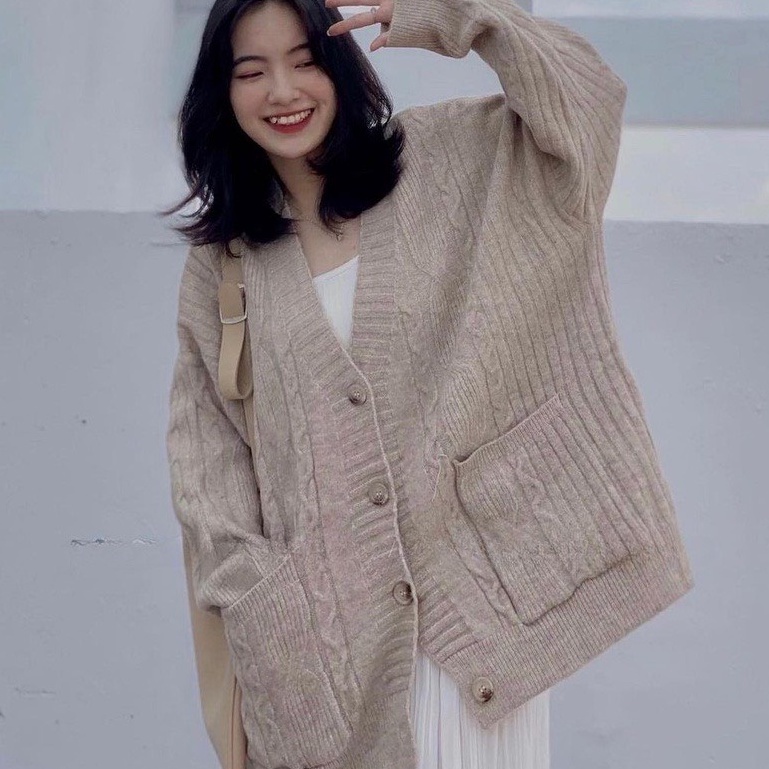 Áo khoác Cardigan len thừng dáng rộng có túi basic