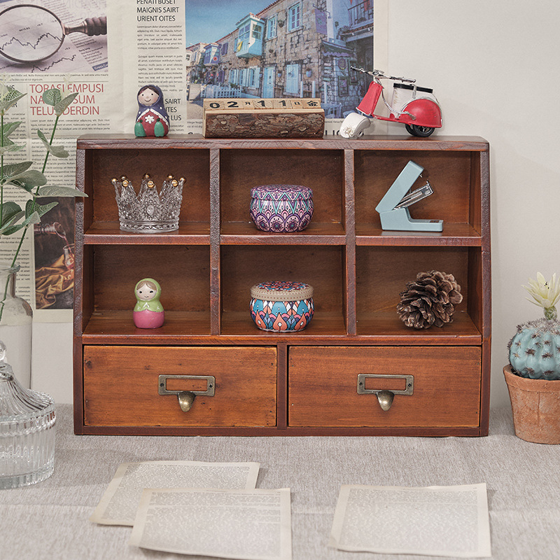 3-compartment 2-drawer retro multi-functional storage box display display cabinet solid wood desktop drawer storage cabinet storage cabinet