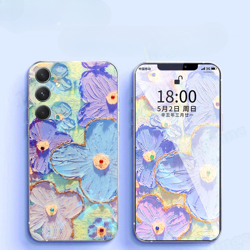 Phone Cases For Samsung Galaxy A35 A55 5G Back Case Soft Blue-Ray Oil Painting Flowers Silicone Cases for Samsung Galaxy A55 A35 Phone Casing. 