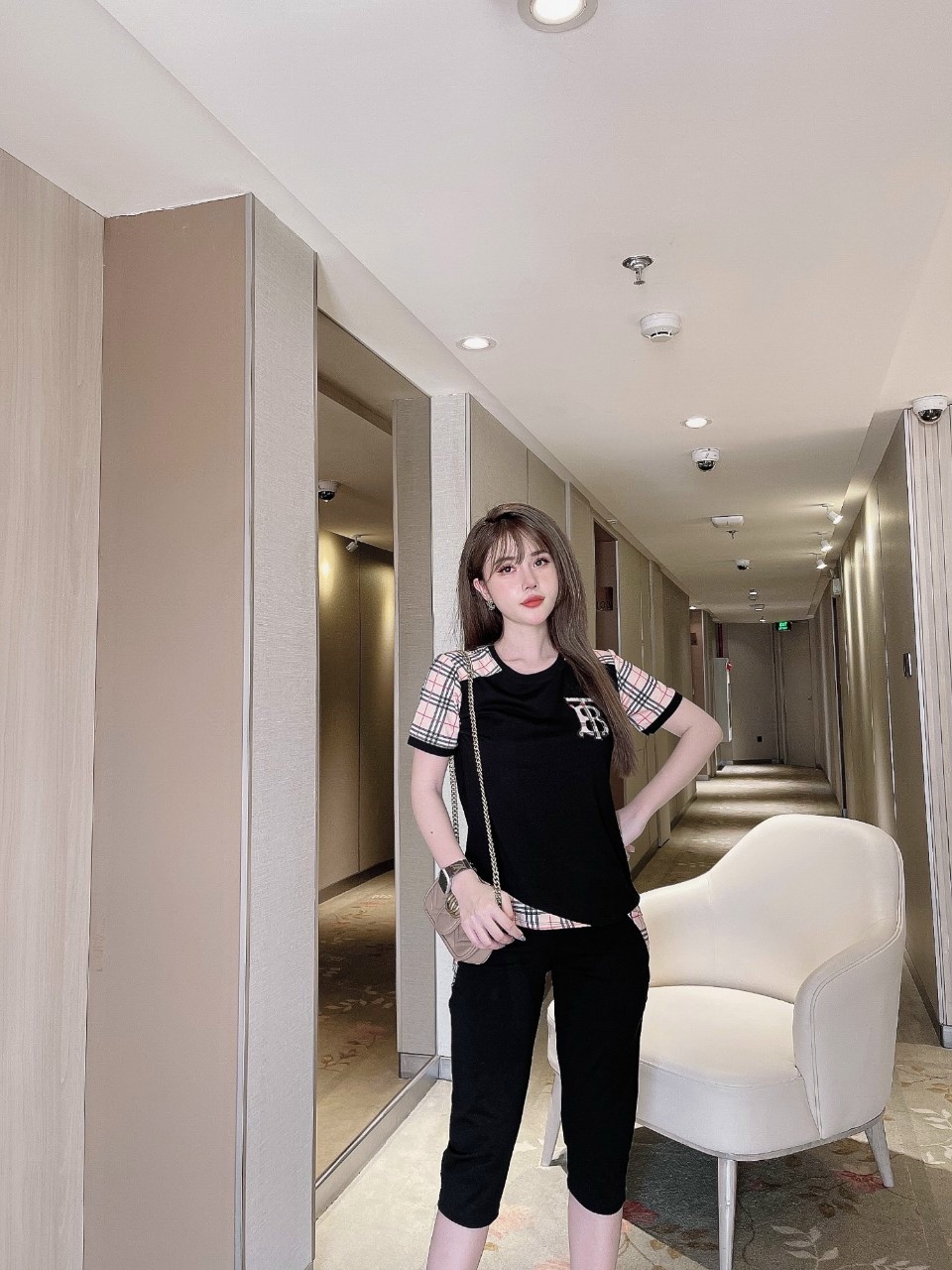 Đồ bộ thun lửng phối caro logo chữ B (màu đen)