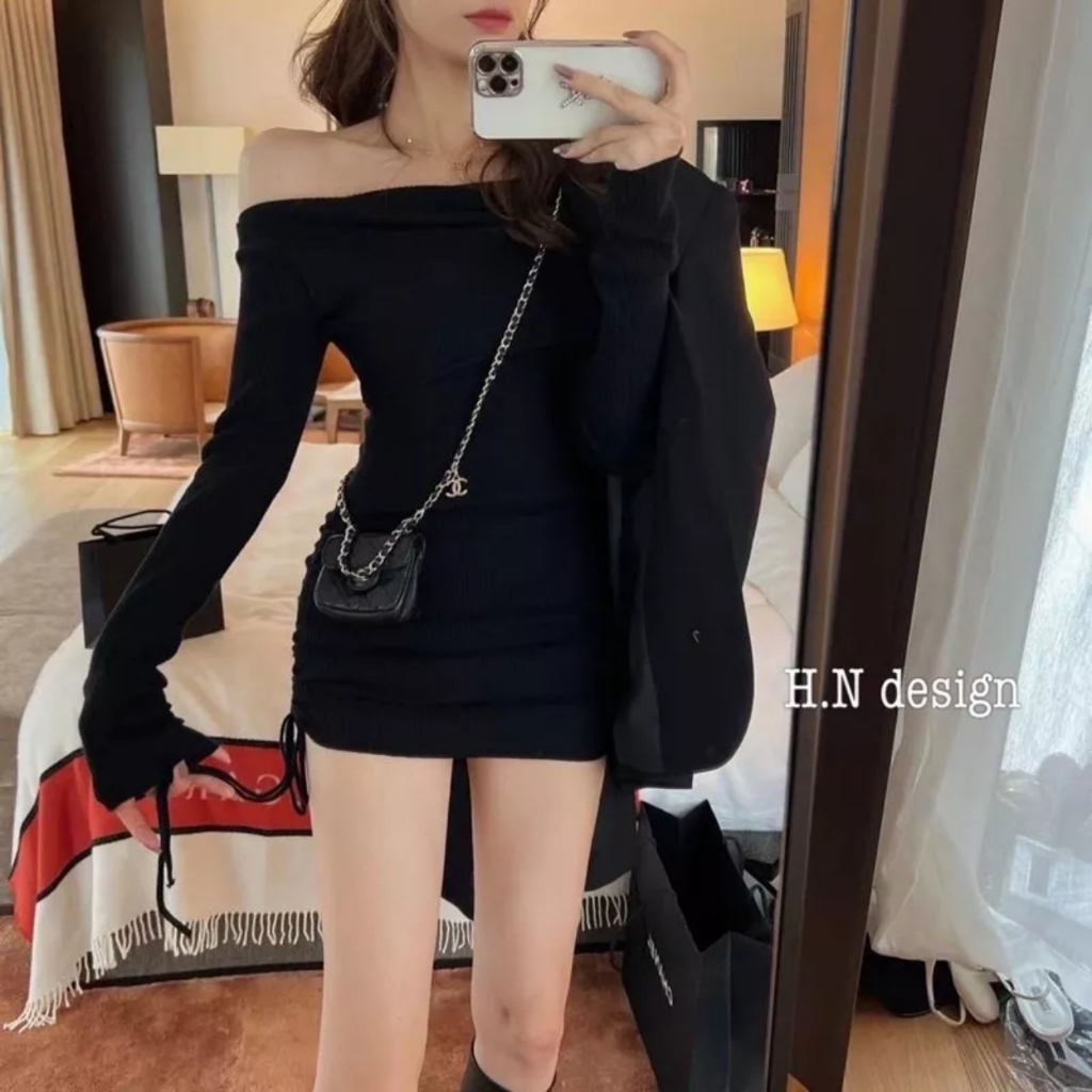 Váy len ôm body trễ vai rút hông