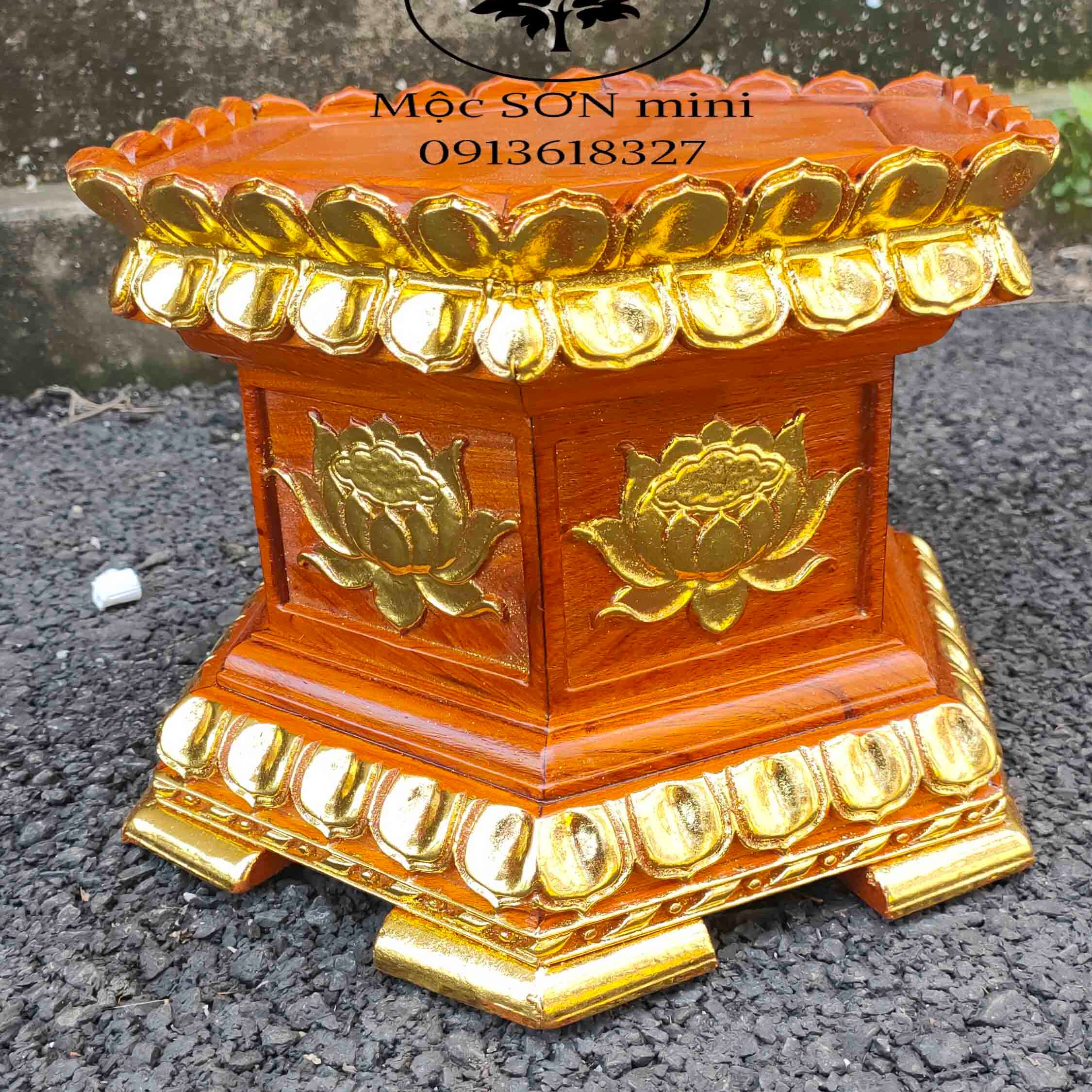 Đế kê lục giác gỗ hương thiếp vàng,đế kê tượng,đôn chân loa cao 20 cỡ mặt 25,cao 25 cỡ mặt 30