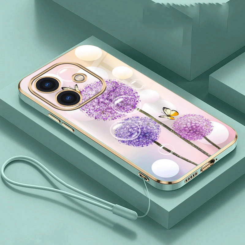 [Free Lanyard] OPPO A3x A3 Luxury Dandelion Flower Casing Square Edges Plating Back TPU Soft Case Cover. 