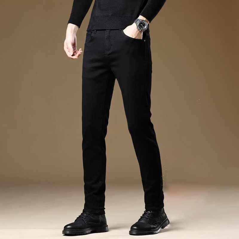 MOLAN Men's black jeans with velvet straight elastic business leisure spring and autumn new denim trousers fashion new youth fashion pants
