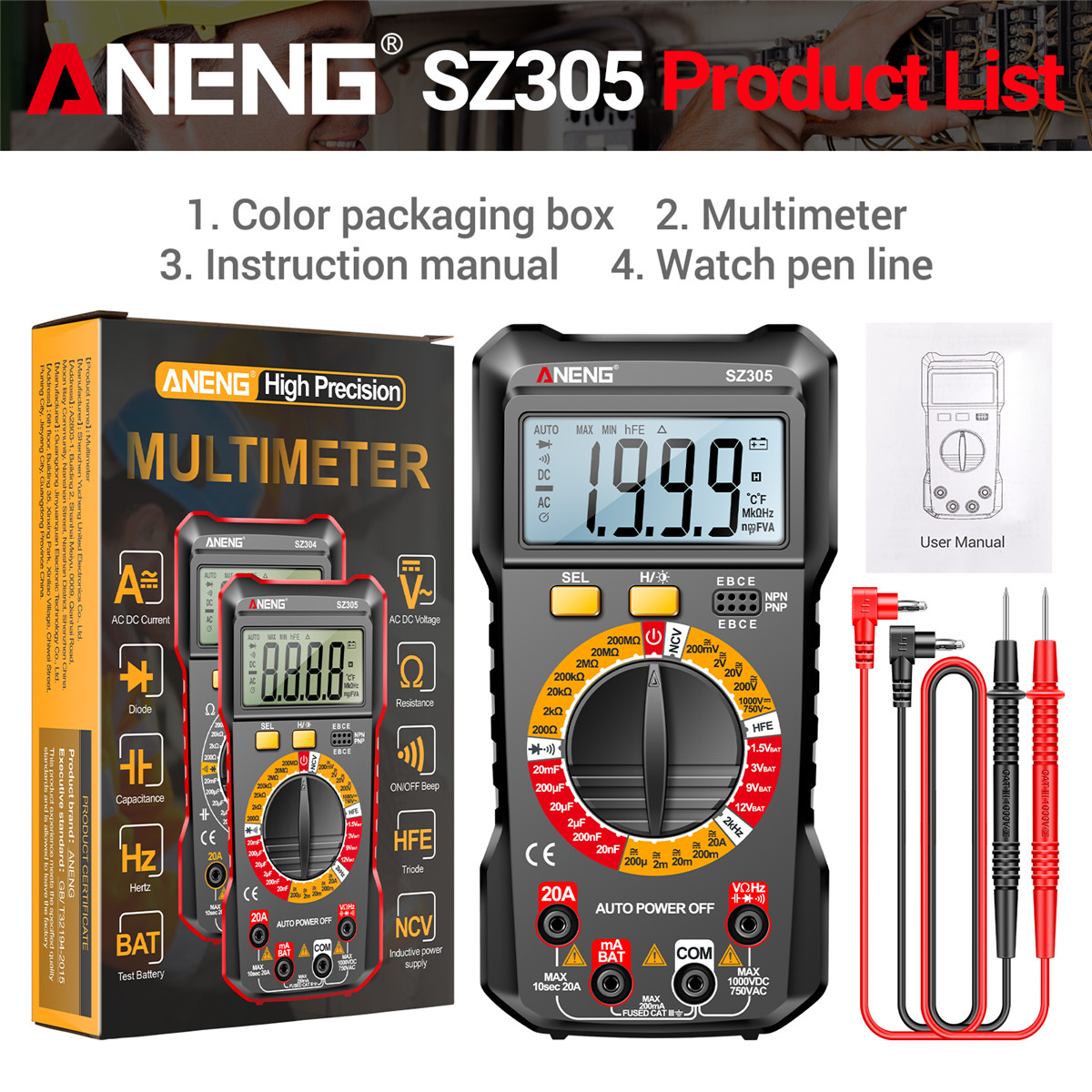ANENG SZ305 Digital Multimeter Auto Range 750V 10A Intelligent Multimeter DC/AC Voltmeter Ammeter 1999 Counts/NCV Non-Contact/hFE/Resistance/Continuous Detection/Buzzer/Silicone Anti Drop Protection Case/Intelligent Digital Multimeter