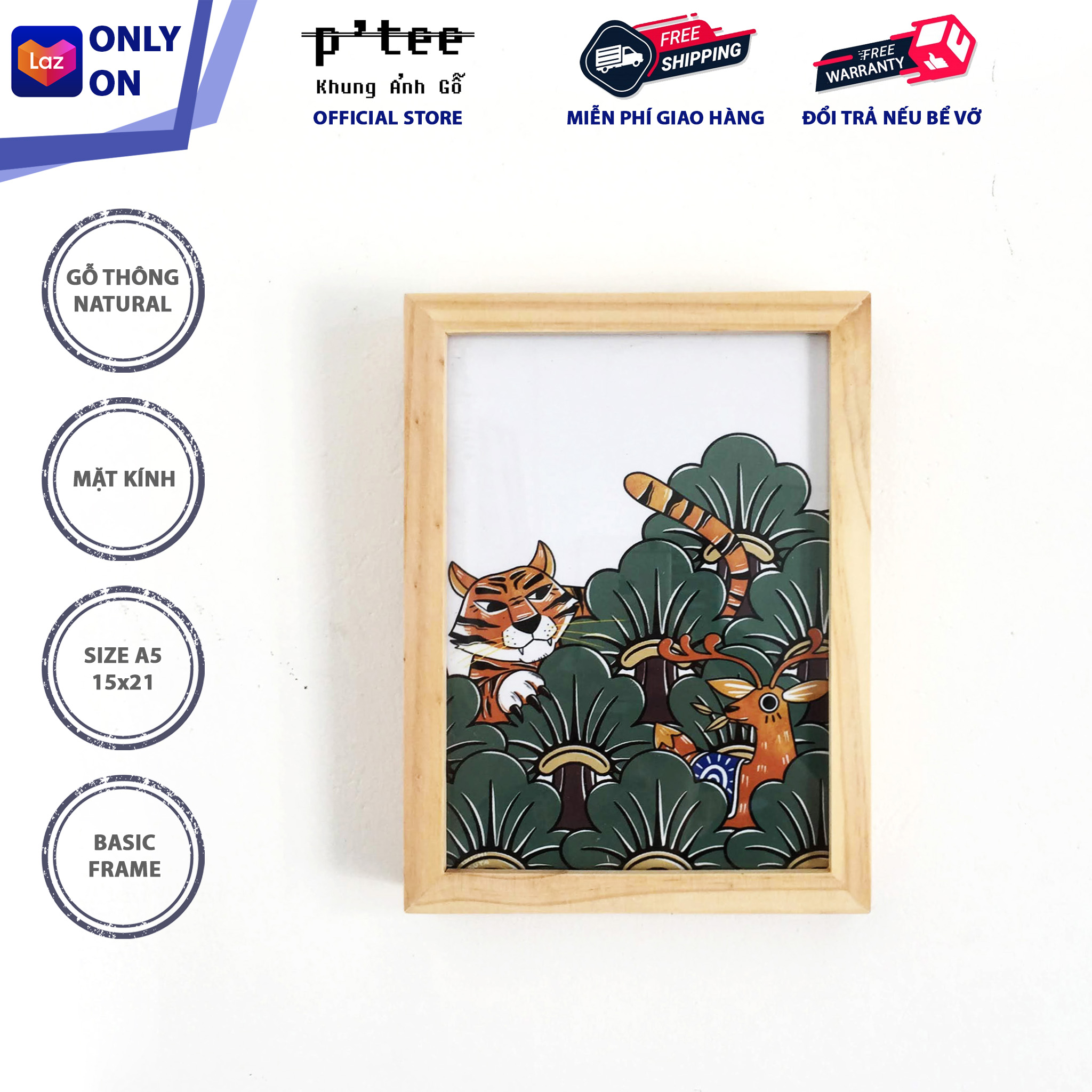 Photo Frame Wood Basic 15x21 A5 - Picture Frame Pinewood and Glass Wall Decoration - Wood Frame by P'Tee