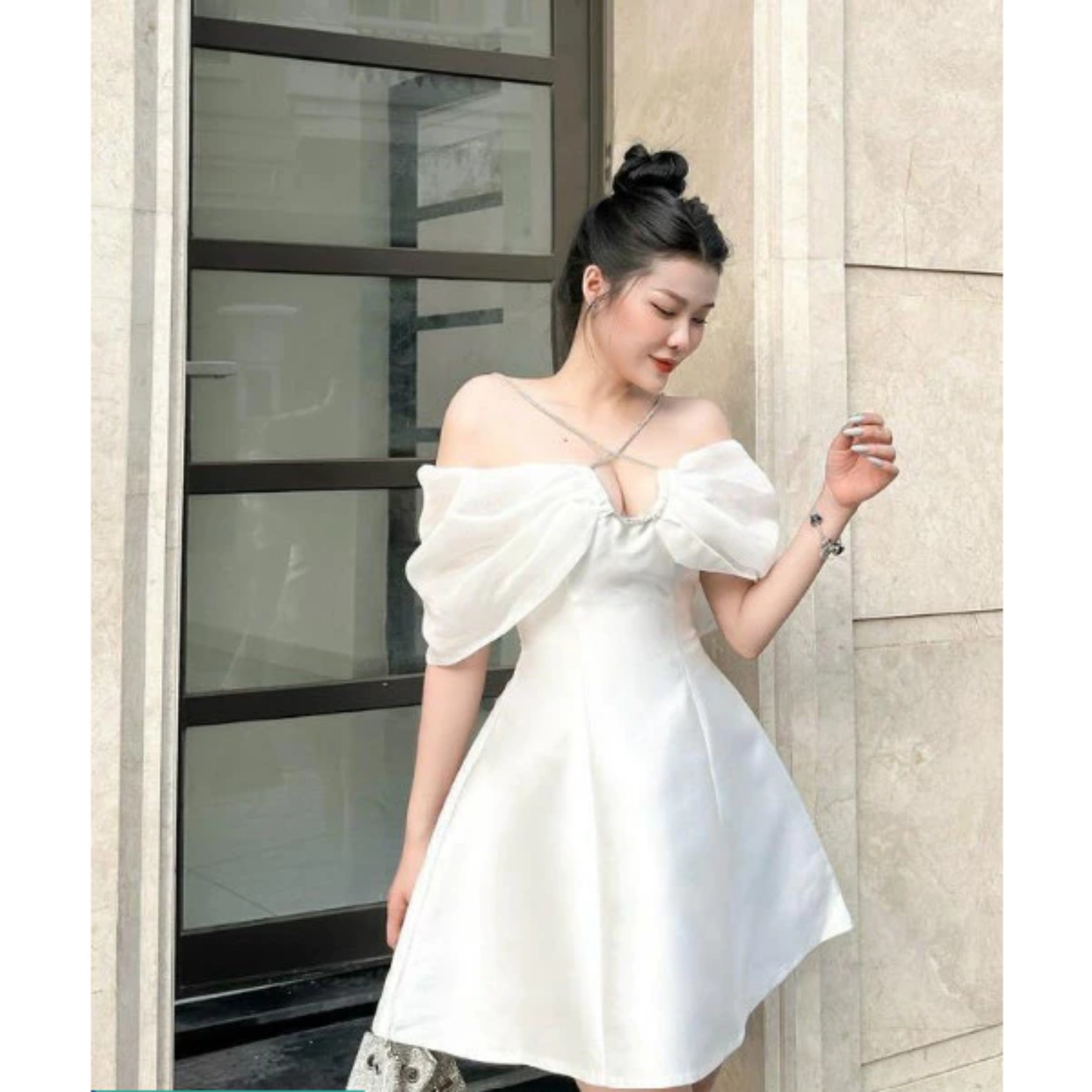 Đầm xòe trẻ vai phối khoen ngực có mút dự tiệc quá đỉnh by8560