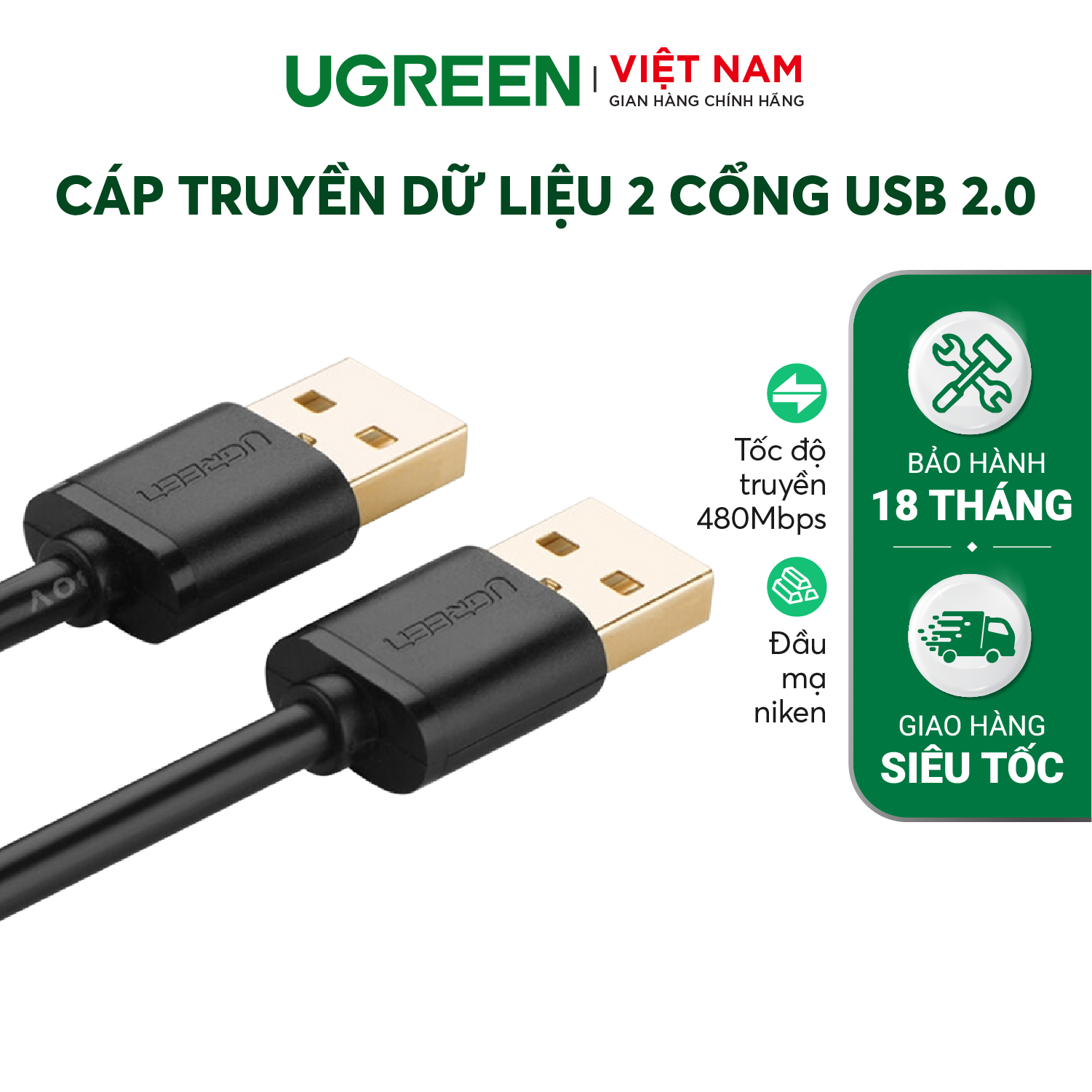 Dây USB 2.0 (đực sang đực) mạ vàng dài 1M  UGREEN US102 10309 - Hãng phân phối chính thức