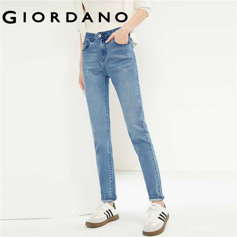 Giordano women jeans mid rise stretchy stonewashed denim jeans five-pocket slim simple fashion casual denim pants 13414212