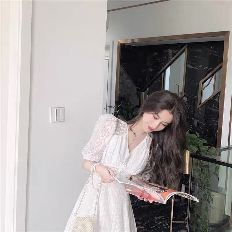 VÁY THÔ REN TRẮNG CỔ V CÚC NGỌC 2 LỚP