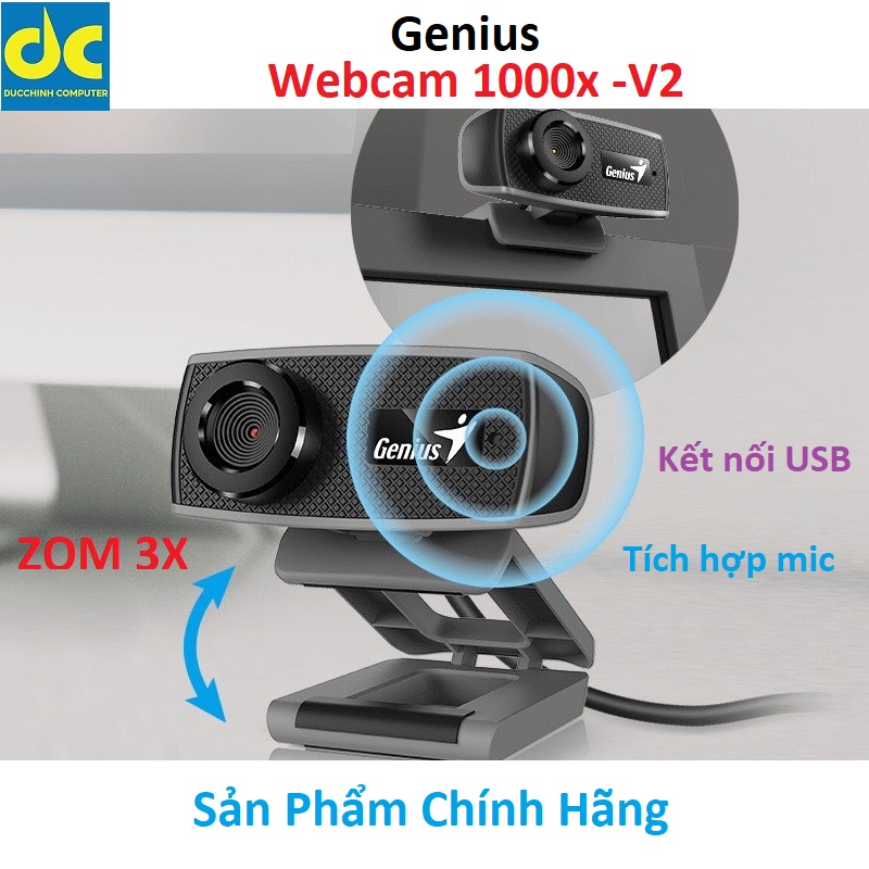 Webcam máy tính học online , webcam có kèm micro Genius Facecam 1000X V2 thumbnail
