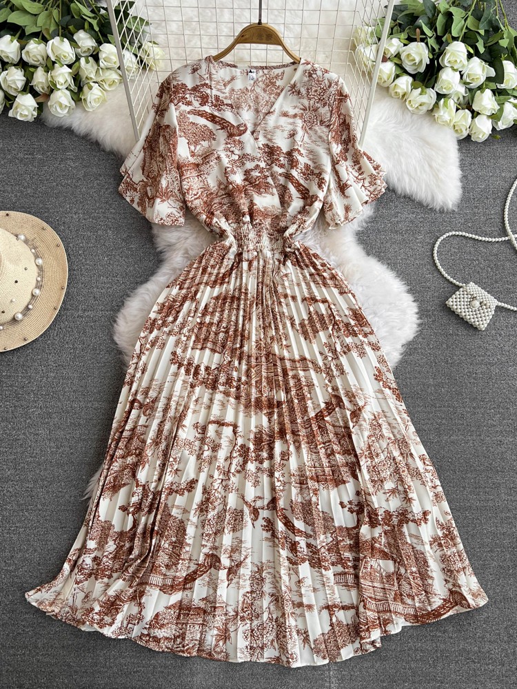Elegant Women's 2024 Summer New Three Mansion Pleated Style V-neck Flare Sleeve Printed Hundred Pleats Slim Fit Magic Dress for Women