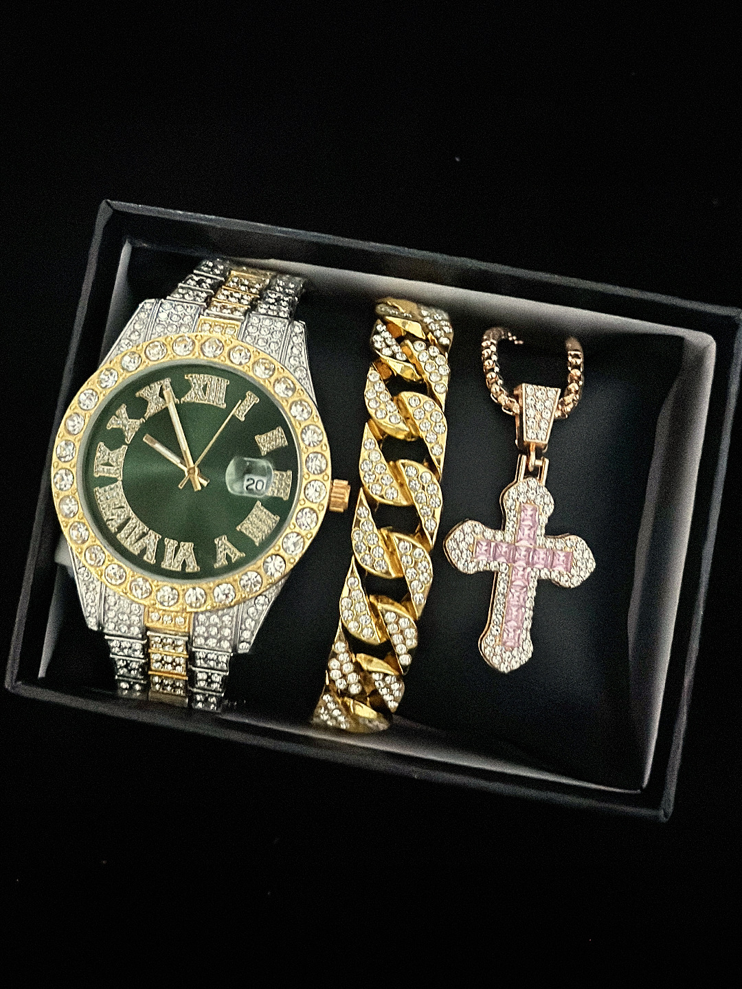 【Exclusive Offer】New Cross-Border Water Ghost Diamond-Embedded Men's Watch with Roman Scale and Calendar - Gold Watch Set.