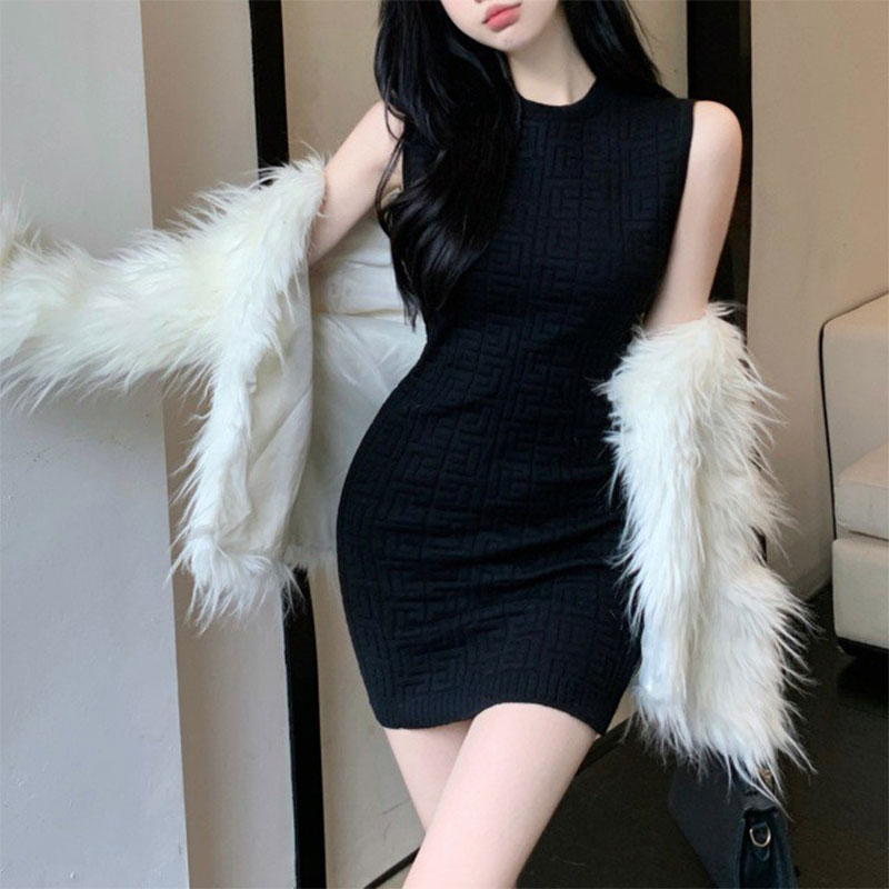 IEF Women's Summer Sleeveless Slim Round Neck 2024 New Knitted Dress
