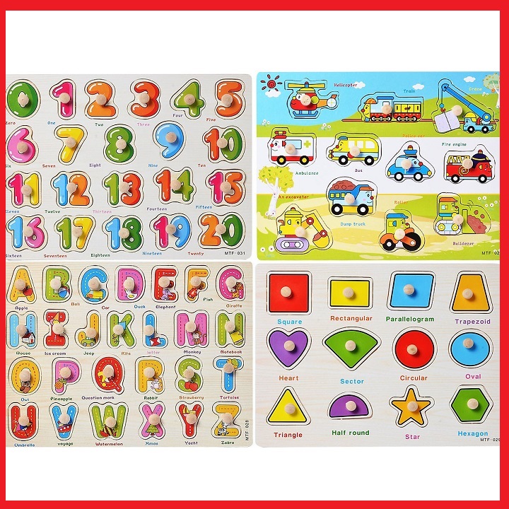 COMBO 4 bảng ghép hình núm gỗ(Giao thông, hình học, Chữ, Số)