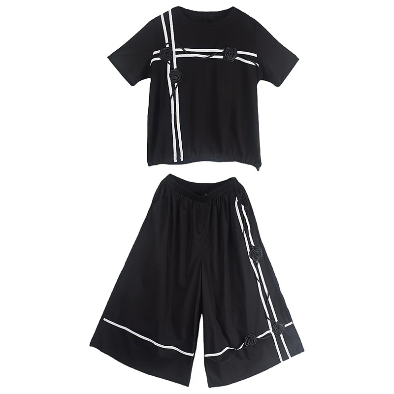 XITAO Black Pant Sets Three-dimensional Flower Decoration Contrast Color Splicing Two Pieces Sets LYD1727