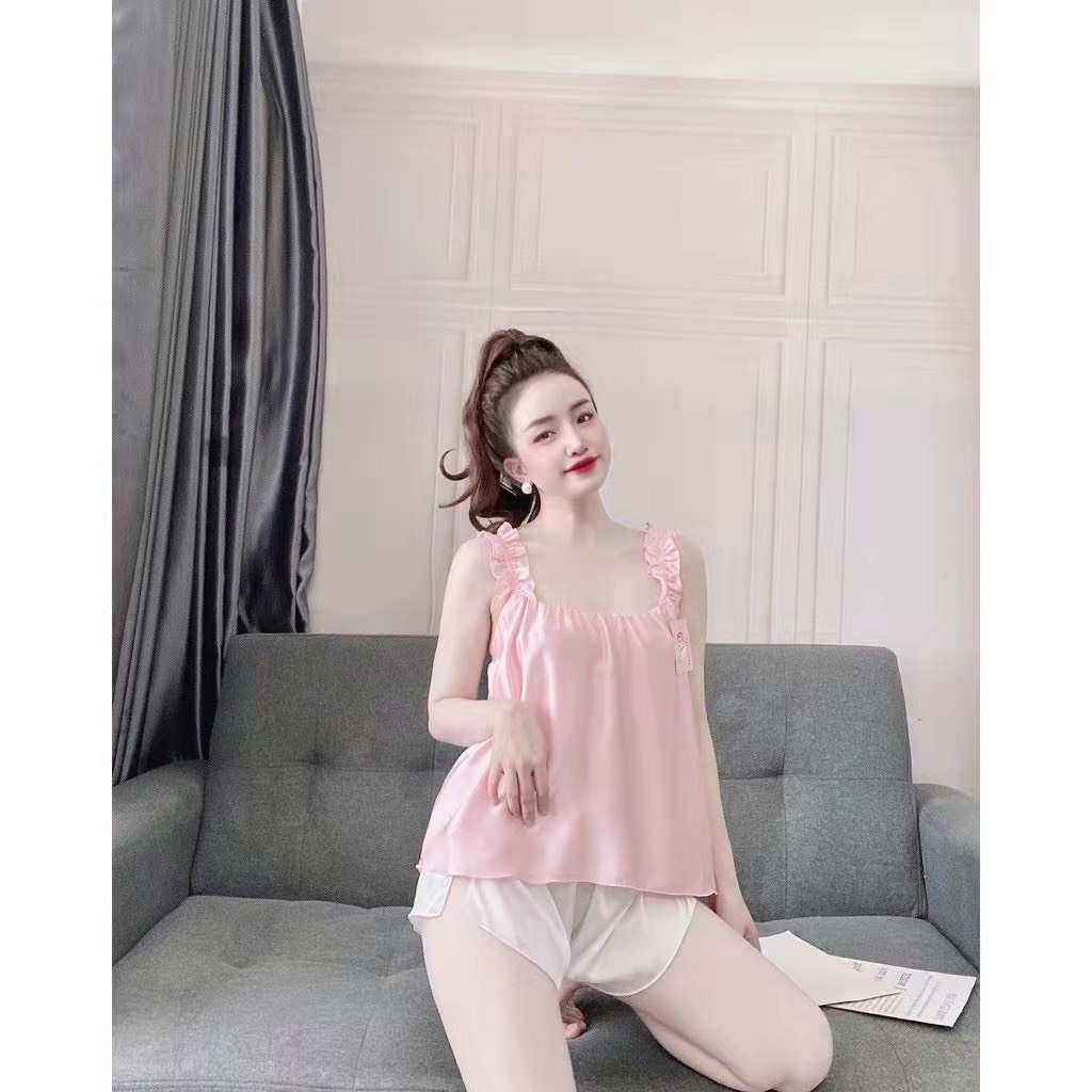 Bộ đồ ngủ cộc pyjama lụa gấm cao cấp, áo 2 dây quyến rũ sexy - hàng quảng châu cao cấp