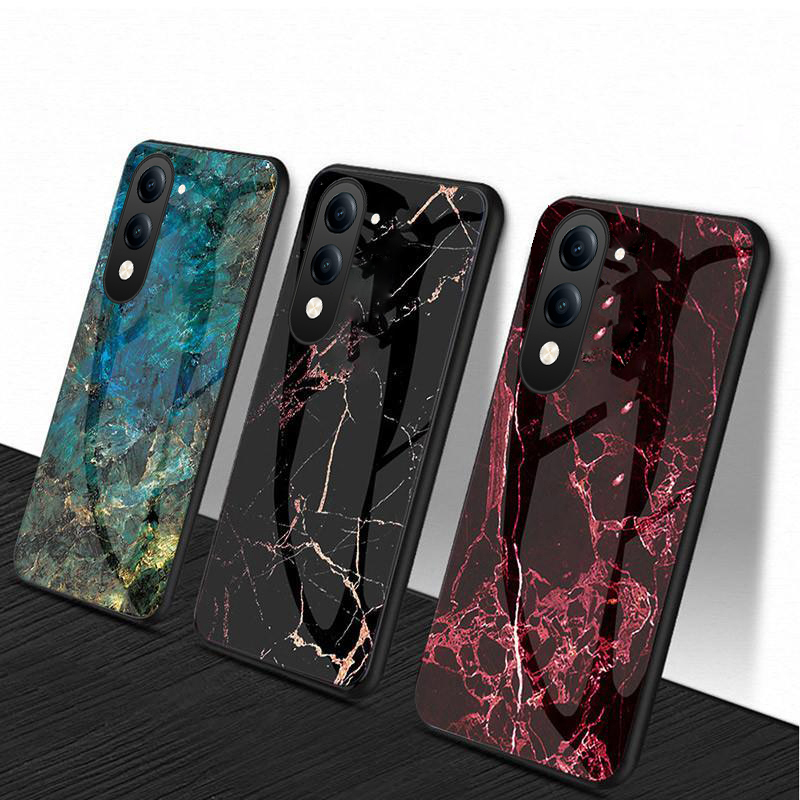 Phone case Vivo Y04 Fashion Marble Tempered Glass Protector Soft Frame Silicon Back Cover Vivo Y04 4G Case.