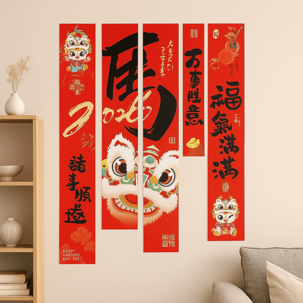 5Pcs/Set Creative Chinese Style 2026 New Year Hanging Cloth Traditional Decorative Chinese New Year Banner Blessing Words Year of Horse Flags Shopping Mall. 