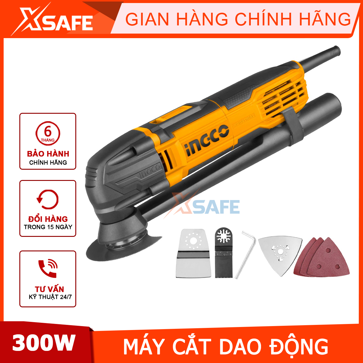 Machine cutting oscillating multi-purpose ingco MF3008 300W with speed adjustment, machine cutting angle multi-purpose voltage 220V speed 10000-20000 v/p, bundled set 8 blade sharpener cutter handy