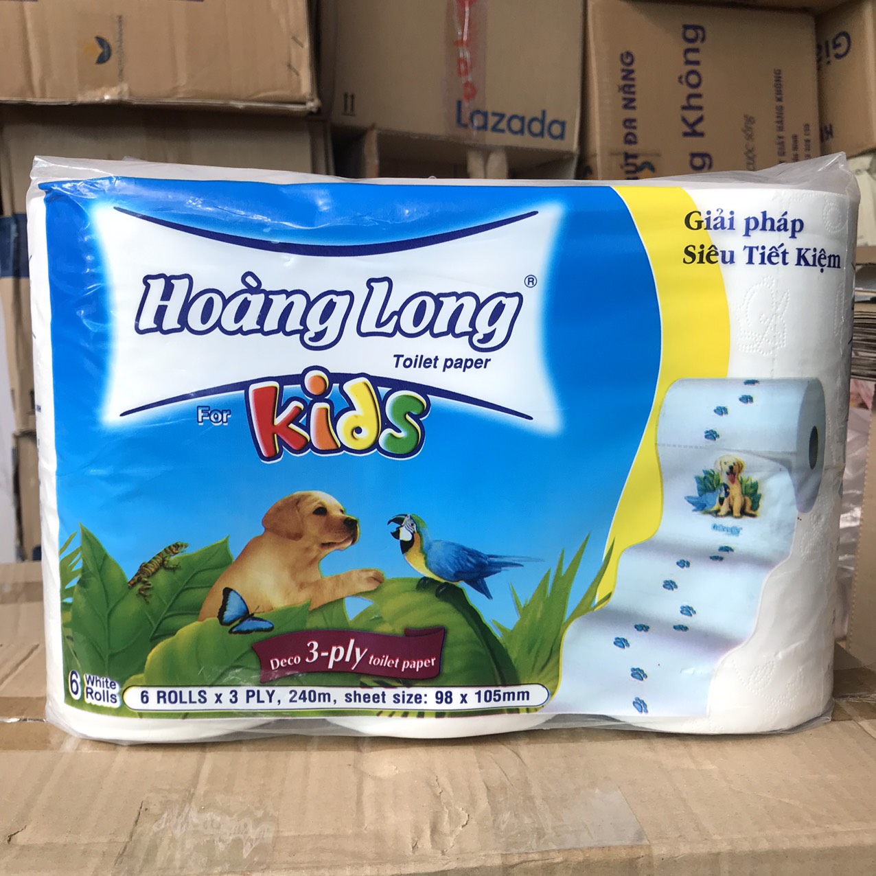 Lốc 6 cuộn giấy vệ sinh lụa Hoàng Long Kids 900g không lõi thumbnail