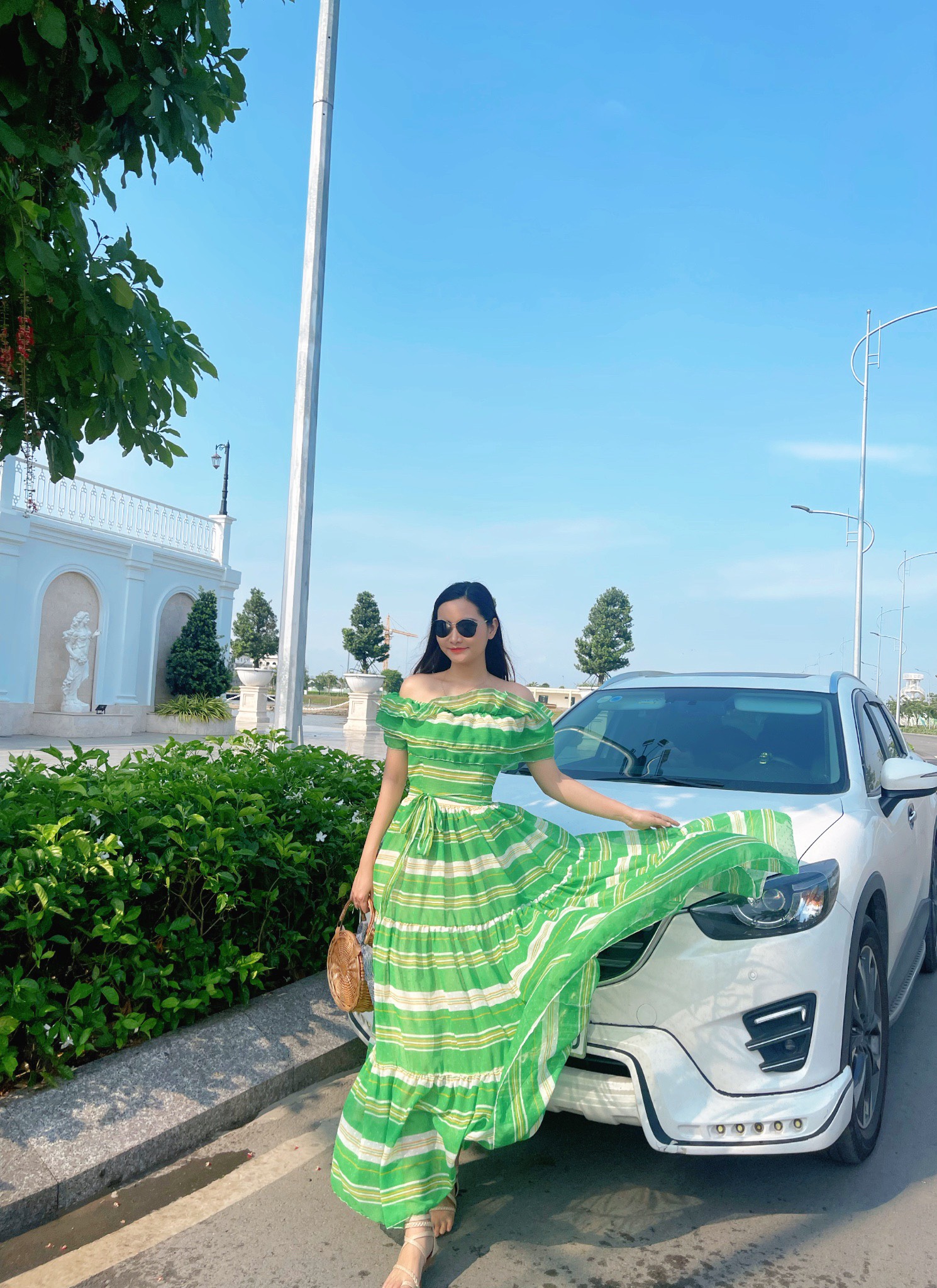 [HCM]Đầm maxi trễ vai sọc xanh kèm đai eo