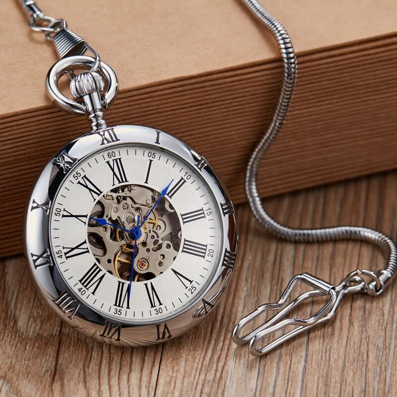 Luxury Copper Silver Automatic Mechanical Pocket Watch Clock Fob Chain Watch Men Roman Numbers Clock High Quality Pocket Watches